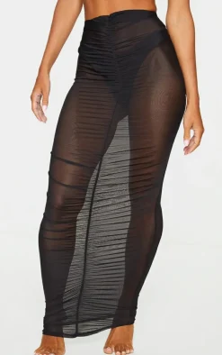 Black Ruched Mesh Midi Beach Skirt