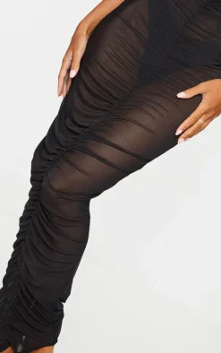 Black Ruched Mesh Midi Beach Skirt