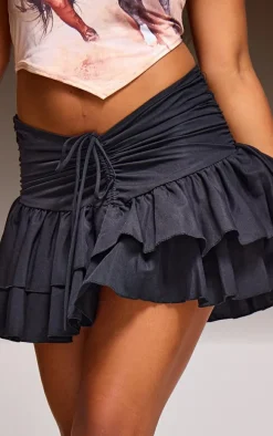 Black Ruched Ruffle Detail Mini Skirt