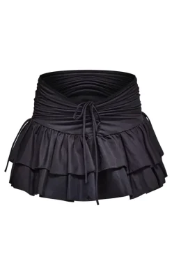 Black Ruched Ruffle Detail Mini Skirt