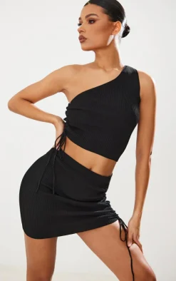 Black Ruched Side Knit Mini Skirt