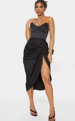 Black Ruched Side Midi Skirt
