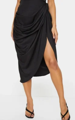 Black Ruched Side Midi Skirt
