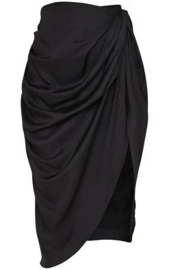 Black Ruched Side Midi Skirt