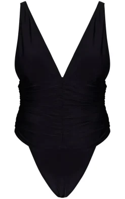 Black Ruched Waist High Leg Plunge Swimsuit