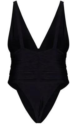 Black Ruched Waist High Leg Plunge Swimsuit