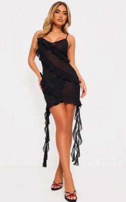 Black Ruffle Detail Chiffon Sheer Shift Dress
