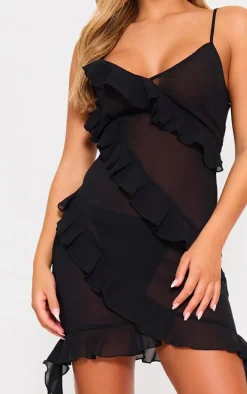 Black Ruffle Detail Chiffon Sheer Shift Dress