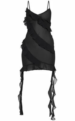 Black Ruffle Detail Chiffon Sheer Shift Dress