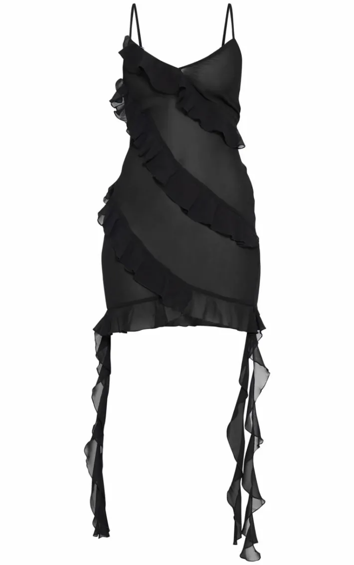 Black Ruffle Detail Chiffon Sheer Shift Dress