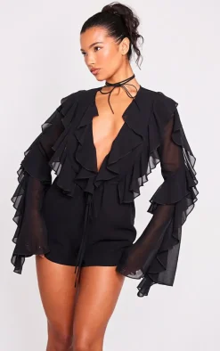 Black Ruffle Detail Long Sleeve Plunge Romper