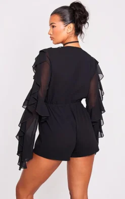 Black Ruffle Detail Long Sleeve Plunge Romper