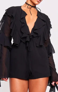 Black Ruffle Detail Long Sleeve Plunge Romper