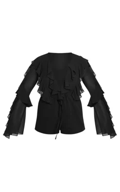 Black Ruffle Detail Long Sleeve Plunge Romper