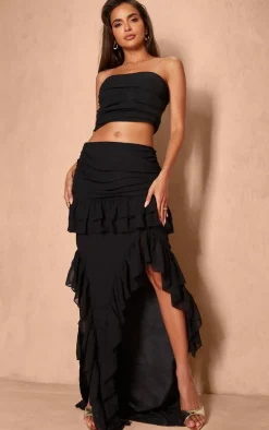 Black Ruffle Detail Maxi Skirt