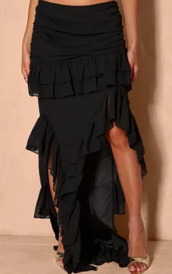 Black Ruffle Detail Maxi Skirt
