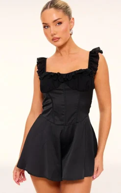 Black Ruffle Sleeve Satin Floaty Romper