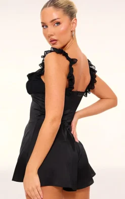 Black Ruffle Sleeve Satin Floaty Romper