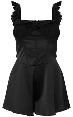Black Ruffle Sleeve Satin Floaty Romper