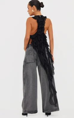 Black Ruffle Train Crop Top