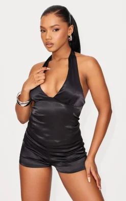 Black Satin Asymmetric Detail Halterneck Top