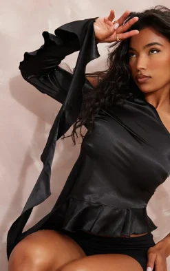 Black Satin Asymmetric Extreme Frill Detail Sleeveless Long Top