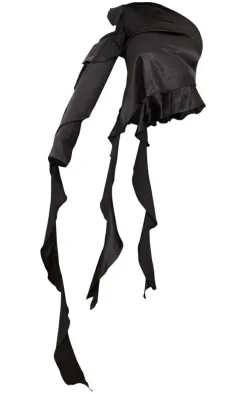 Black Satin Asymmetric Extreme Frill Detail Sleeveless Long Top