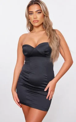 Black Satin Bandeau Cup Detail Mini Dress