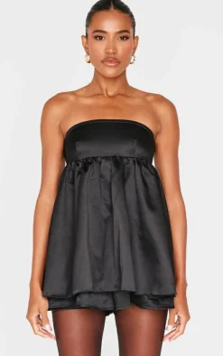 Black Satin Bandeau Floaty Skort Romper