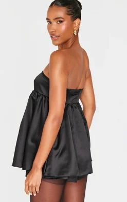 Black Satin Bandeau Floaty Skort Romper