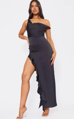 Black Satin Bardot Frill Hem Maxi Dress