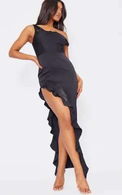 Black Satin Bardot Frill Hem Maxi Dress
