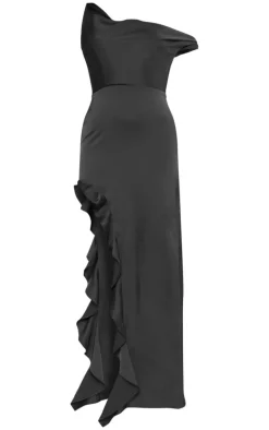 Black Satin Bardot Frill Hem Maxi Dress