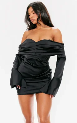 Black Satin Bardot Ruched Long Sleeve Mini Dress