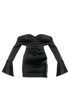 Black Satin Bardot Ruched Long Sleeve Mini Dress