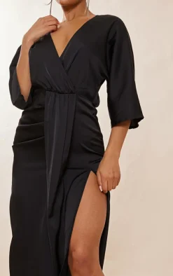 Black Satin Batwing Plunge Split Midaxi Dress