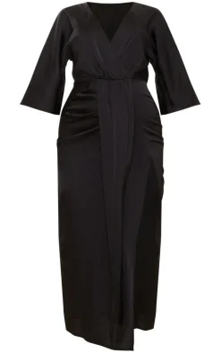 Black Satin Batwing Plunge Split Midaxi Dress