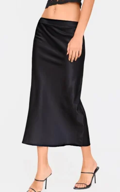 Black Satin Bias Cut Midi Skirt