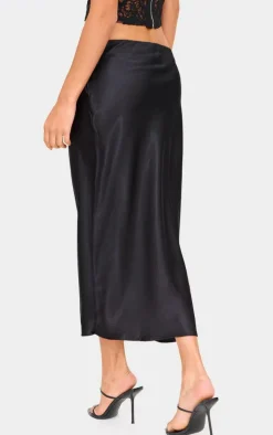 Black Satin Bias Cut Midi Skirt