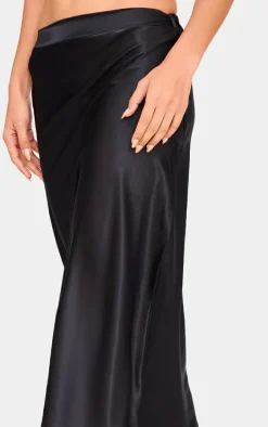 Black Satin Bias Cut Midi Skirt