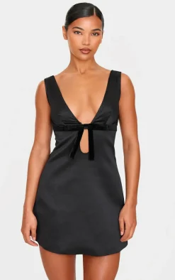 Black Satin Bow Detail A-line Dress