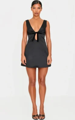 Black Satin Bow Detail A-line Dress