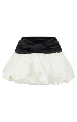 Black Satin Bow Detail Contrast Puffball Skort