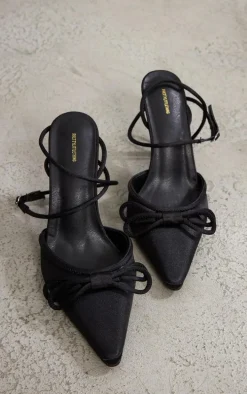 Black Satin Bow Detail Mid Heeled Courts