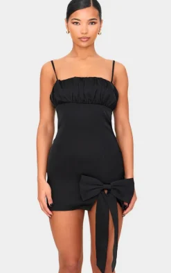 Black Satin Bow Detail Mini Dress