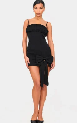Black Satin Bow Detail Mini Dress