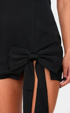 Black Satin Bow Detail Mini Dress