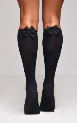 Black Satin Bow Knee High Socks