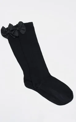 Black Satin Bow Knee High Socks