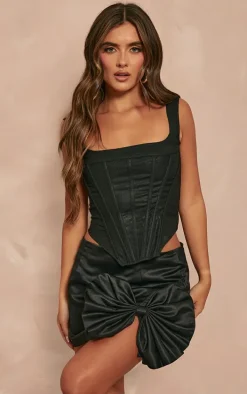 Black Satin Bow Trim Mini Skirt